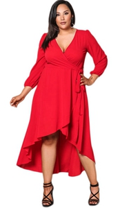 BY61759-3 Red Ruffle Wrap Plus Size Hi-low Dress